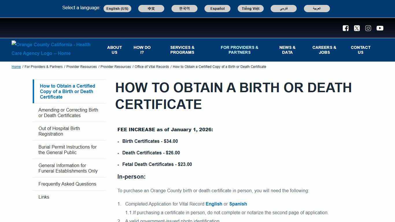 How to Obtain a Birth or Death Certificate Orange County California - Health Care Agency